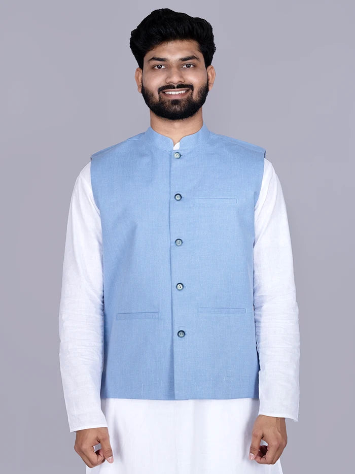 Blue Solid Poly Cotton Modi Jacket