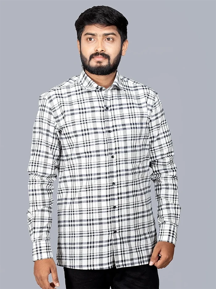 White Black Handwoven Organic Cotton Checks Fitted Men Shirt