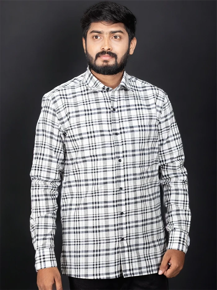 White Black Handwoven Organic Cotton Checks Fitted Men Shirt