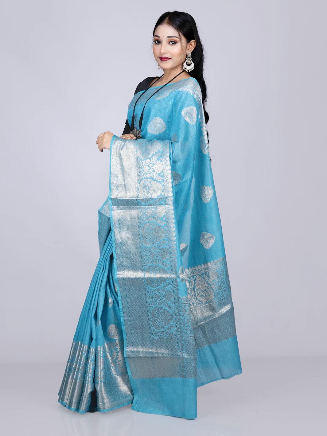 Elegant Sky Blue Par Anchal Buti Linen Silk Saree