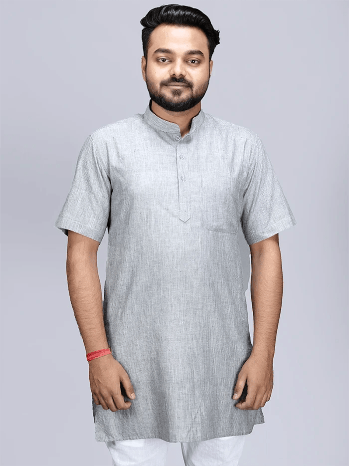 Black Grey Handwoven Organic Cotton Men Kurta