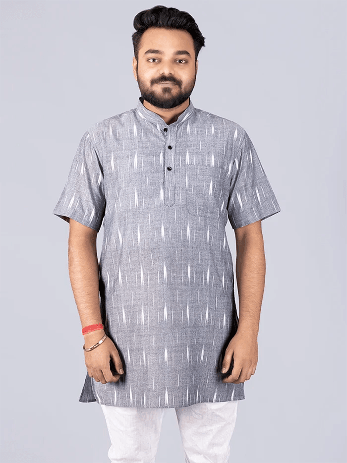 Black Grey Ikkat Cotton Men Kurta