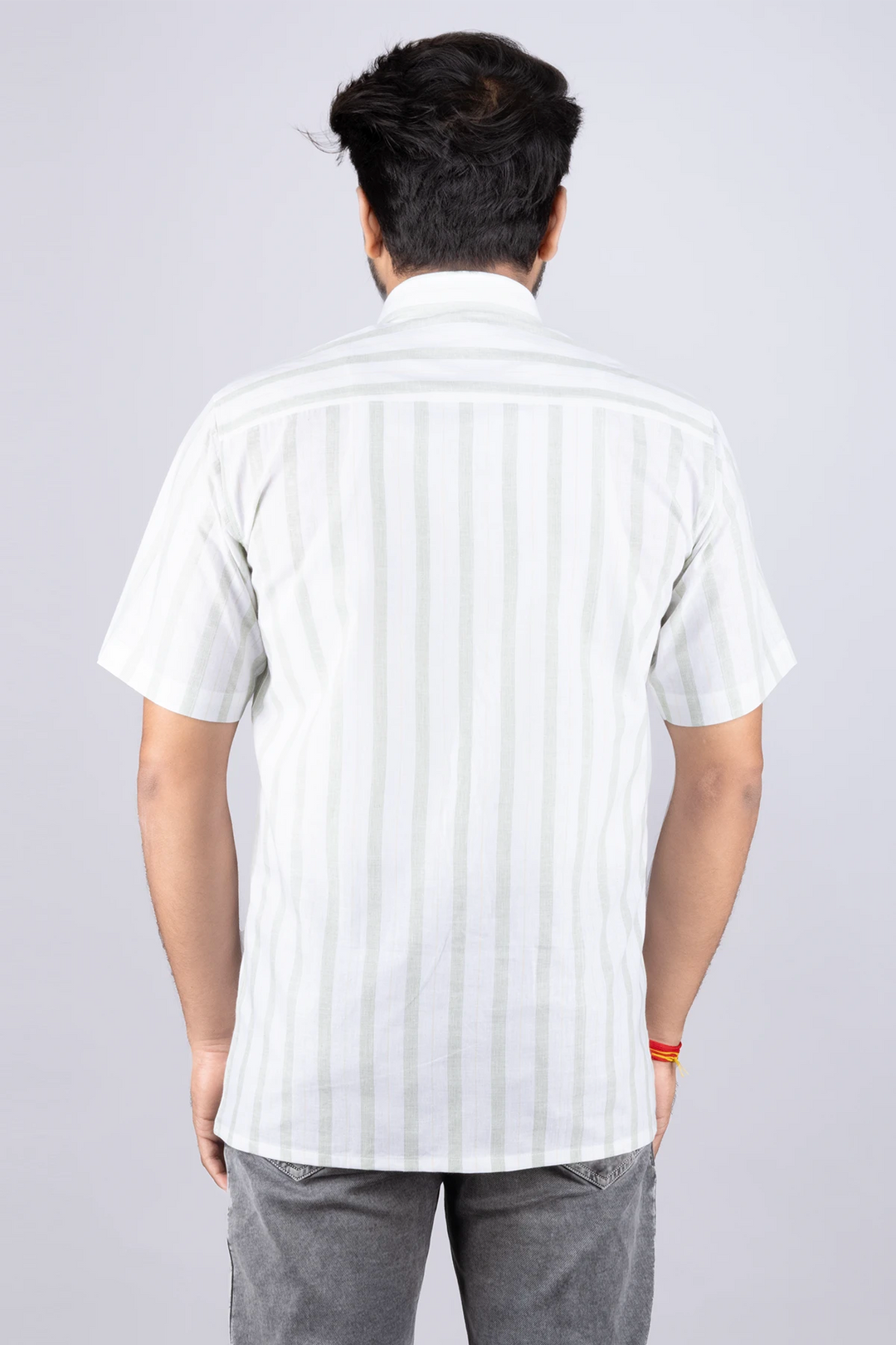 White Green Handwoven Organic Cotton Striped Men Shirt