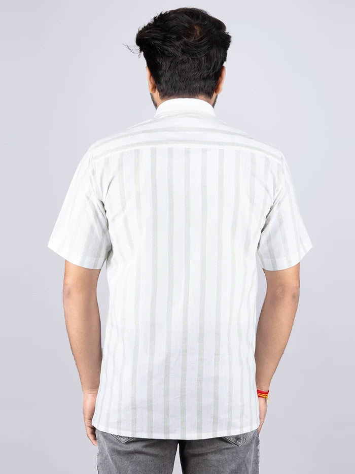 White Green Handwoven Organic Cotton Striped Men Shirt