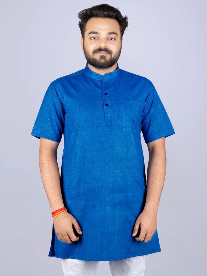 Blue Handwoven Organic Cotton Men Kurta - WeaversIndia