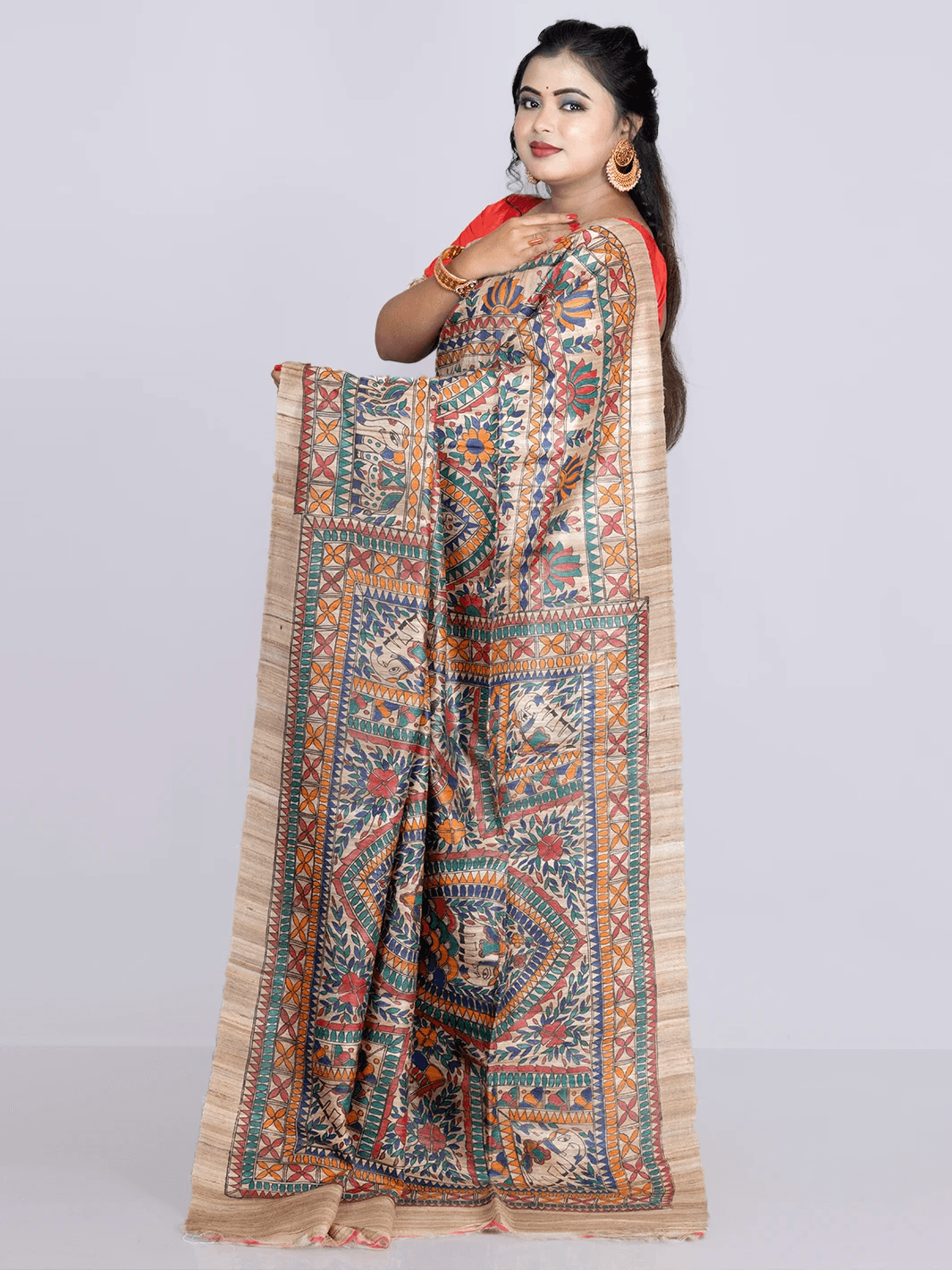 Elegant Hand Painted Madhubani Ghicha Silk Saree - WeaversIndia