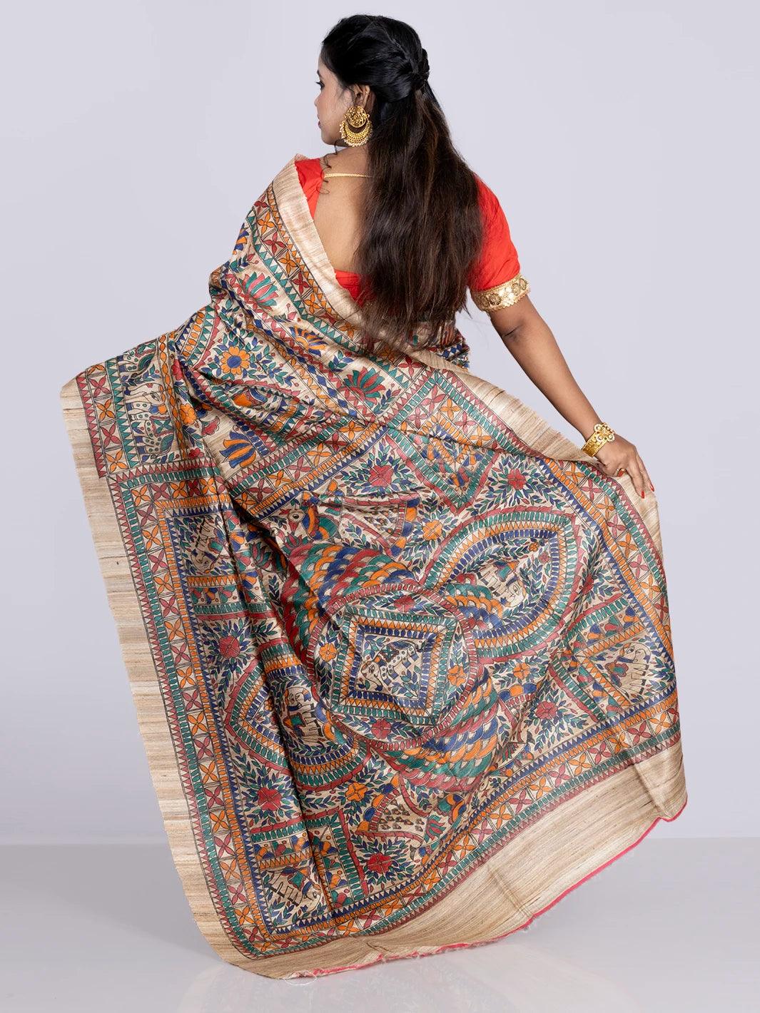 Elegant Hand Painted Madhubani Ghicha Silk Saree - WeaversIndia