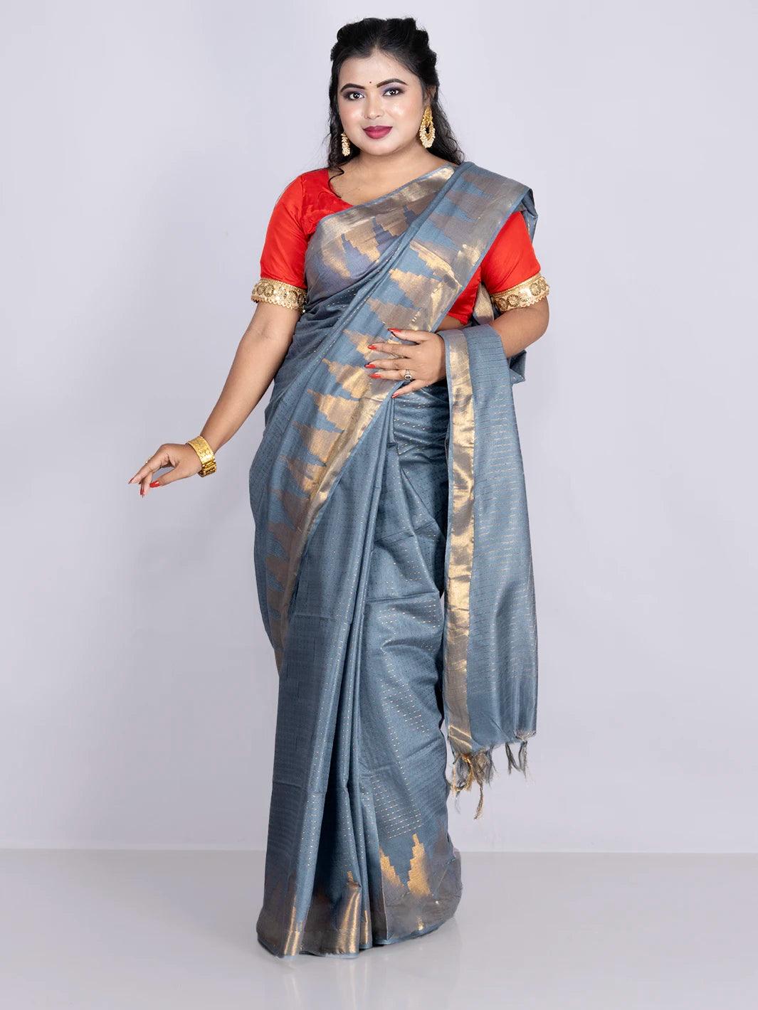 Cadet Grey Woven Jari Checks Bhagalpuri Silk Saree