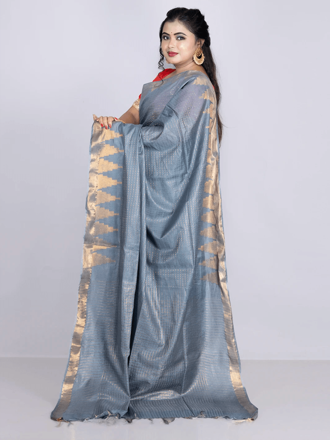 Cadet Grey Woven Jari Checks Bhagalpuri Silk Saree