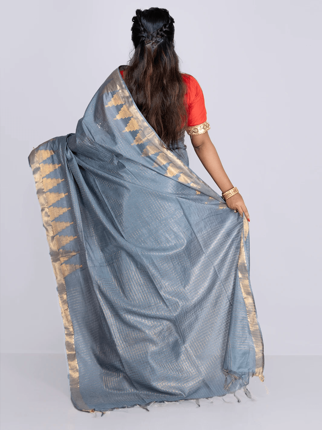 Cadet Grey Woven Jari Checks Bhagalpuri Silk Saree