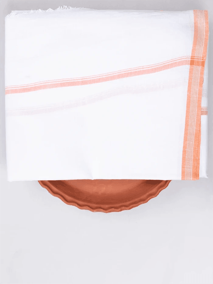 Orange Border White Handwoven Fine Muslin Dhoti 3.65 Meter