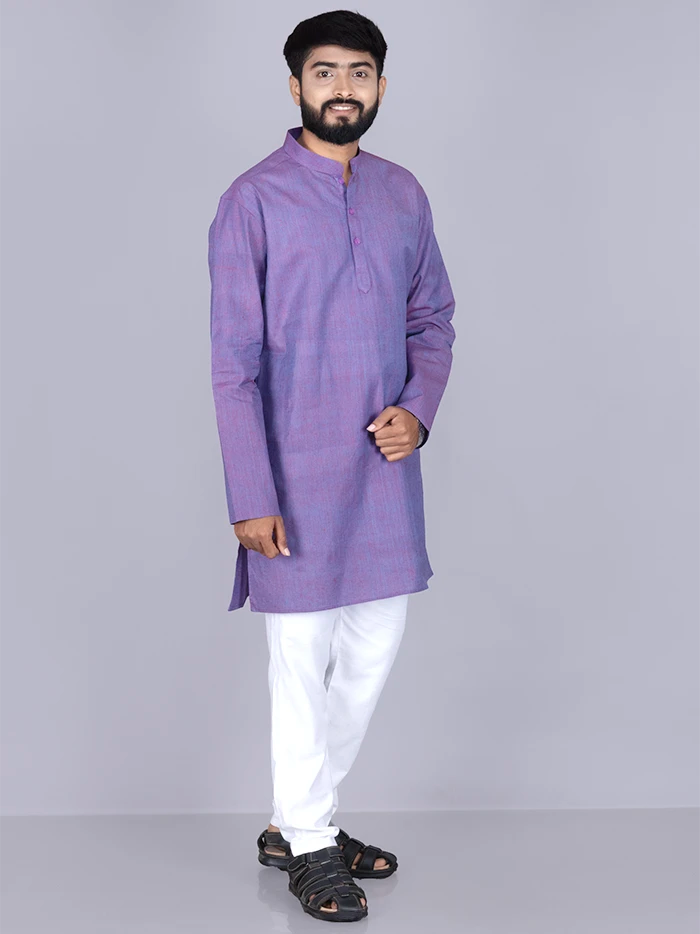 Blue Red Duel Tone Handwoven Organic Cotton Men Kurta