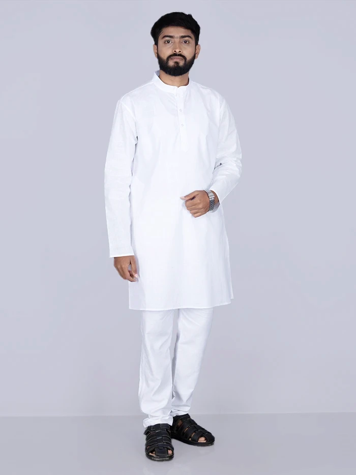 White Solid Handwoven Organic Cotton Men Kurta