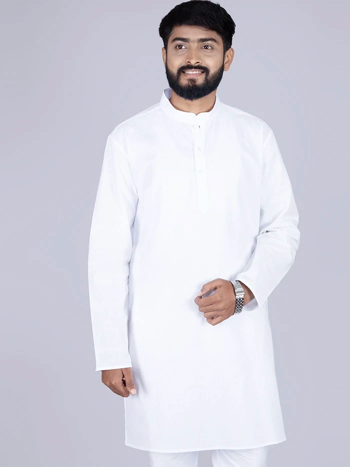 White Solid Handwoven Organic Cotton Men Kurta