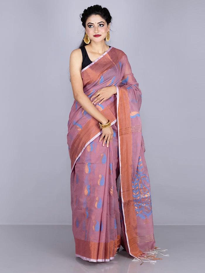 Elegant English lavender Par Anchal Buti Handloom Saree