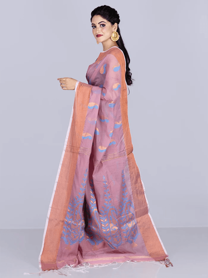 Elegant English lavender Par Anchal Buti Handloom Saree