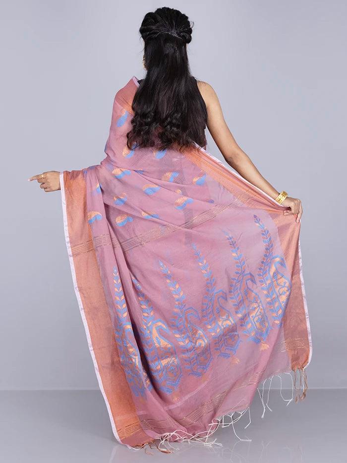 Elegant English lavender Par Anchal Buti Handloom Saree