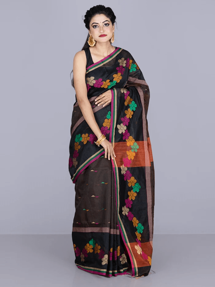 Elegant Black Brown Par Anchal Buti Handloom Saree