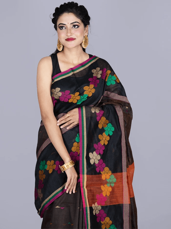 Elegant Black Brown Par Anchal Buti Handloom Saree