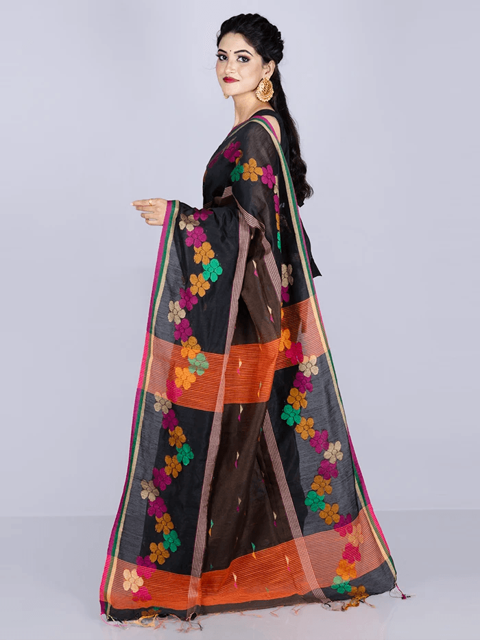 Elegant Black Brown Par Anchal Buti Handloom Saree