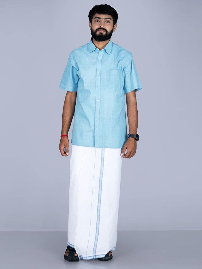 Blue Border Handwoven Fine Muslin Dhoti 3.65 Meter