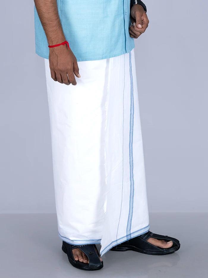 Blue Border Handwoven Fine Muslin Dhoti 3.65 Meter