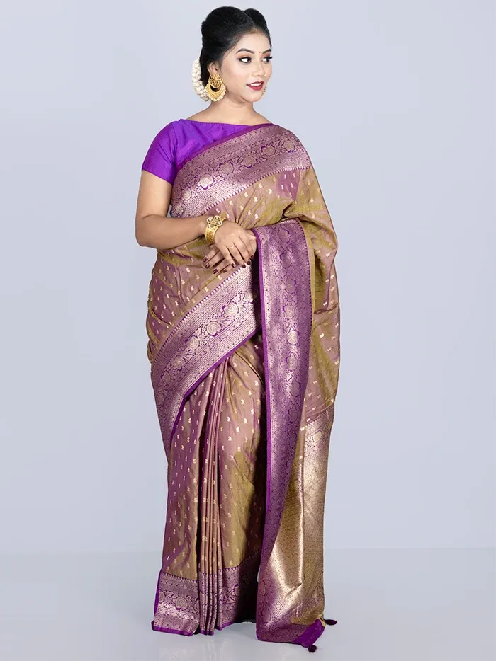 Elegant Allover Green Violet Dual Tone Katan Silk Saree