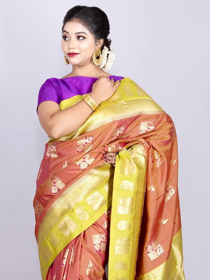 Elegant Persian orange Par Anchal Buti Katan Kanjivaram Silk Saree