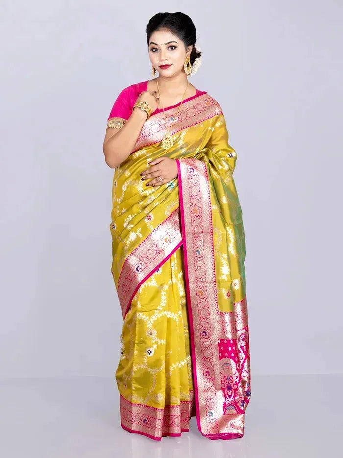 Elegant Allover Green Yellow Duel Tone Jal Katan Silk Saree