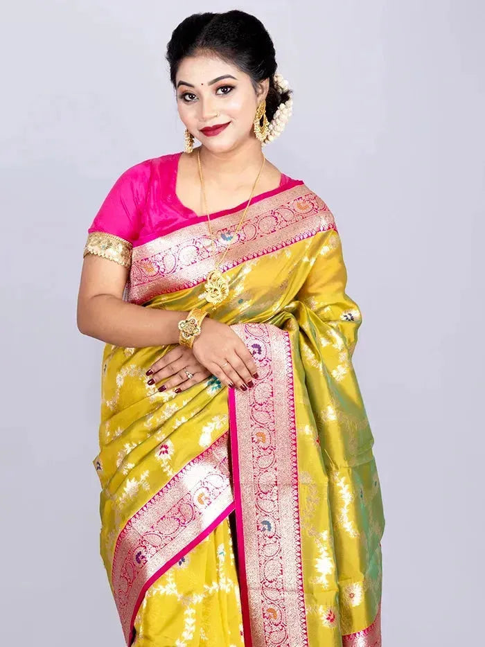 Elegant Allover Green Yellow Duel Tone Jal Katan Silk Saree