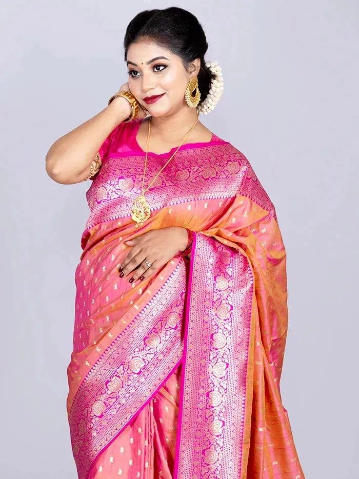 Elegant Allover Pink Orange Dual Tone Katan Silk Saree