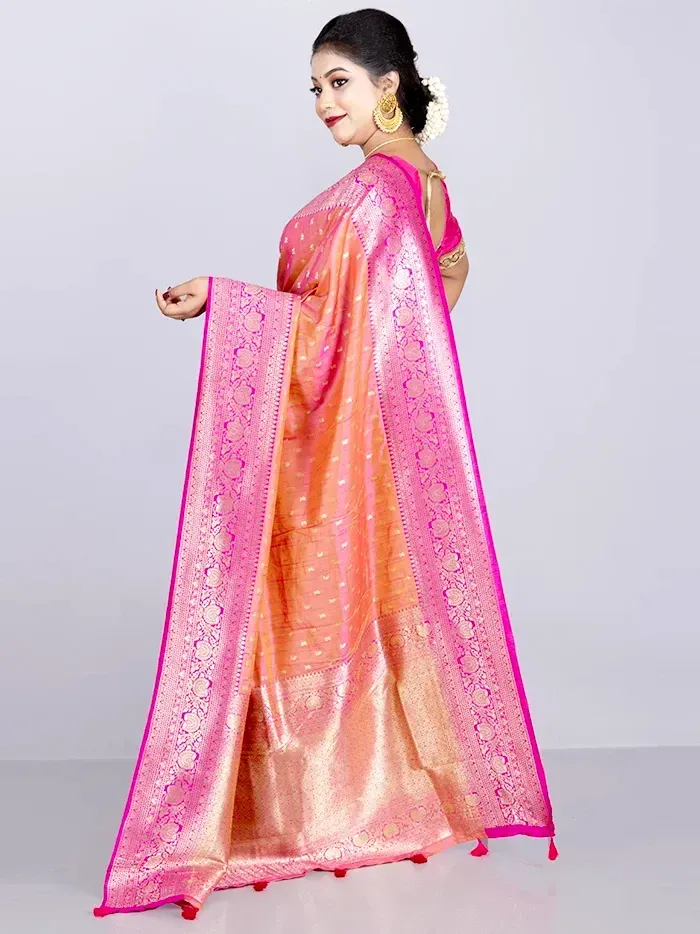 Elegant Allover Pink Orange Dual Tone Katan Silk Saree