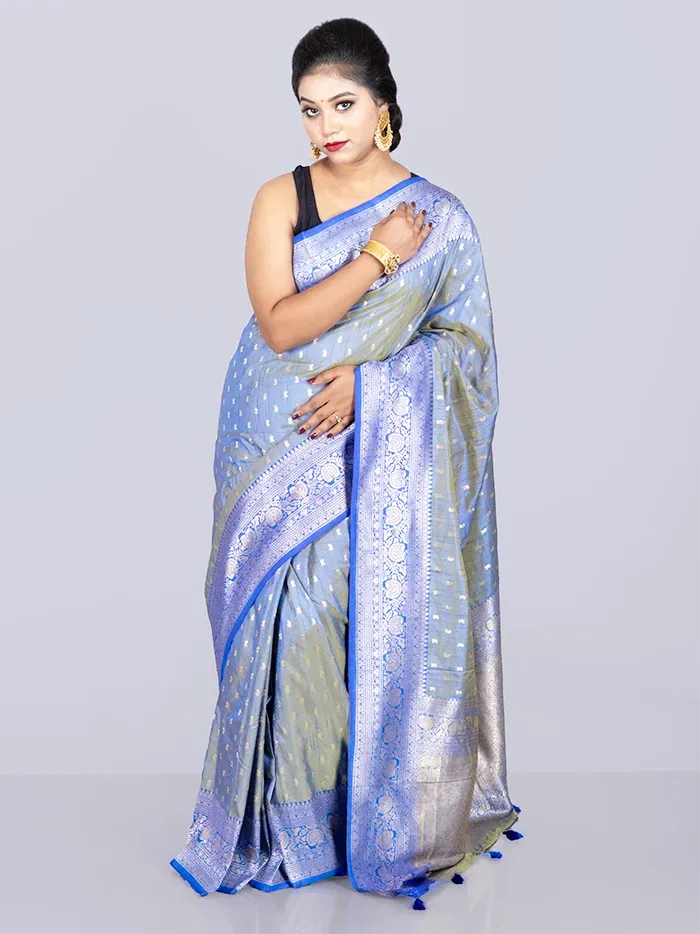 Elegant Allover Blue Green Dual Tone Katan Silk Saree