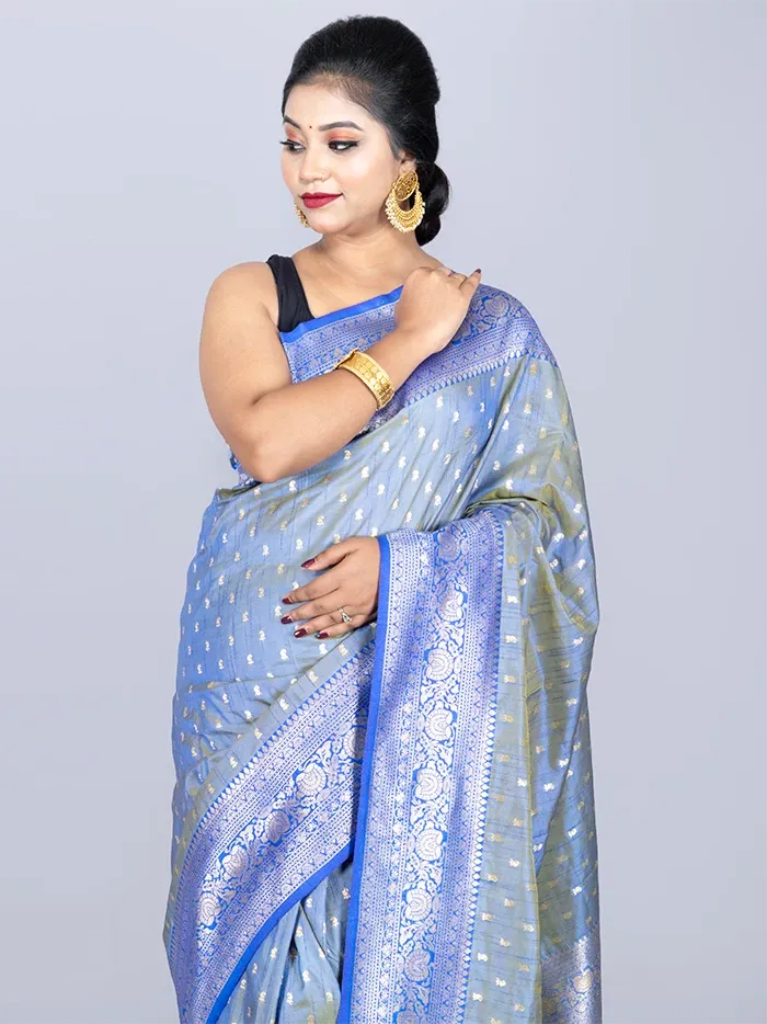 Elegant Allover Blue Green Dual Tone Katan Silk Saree