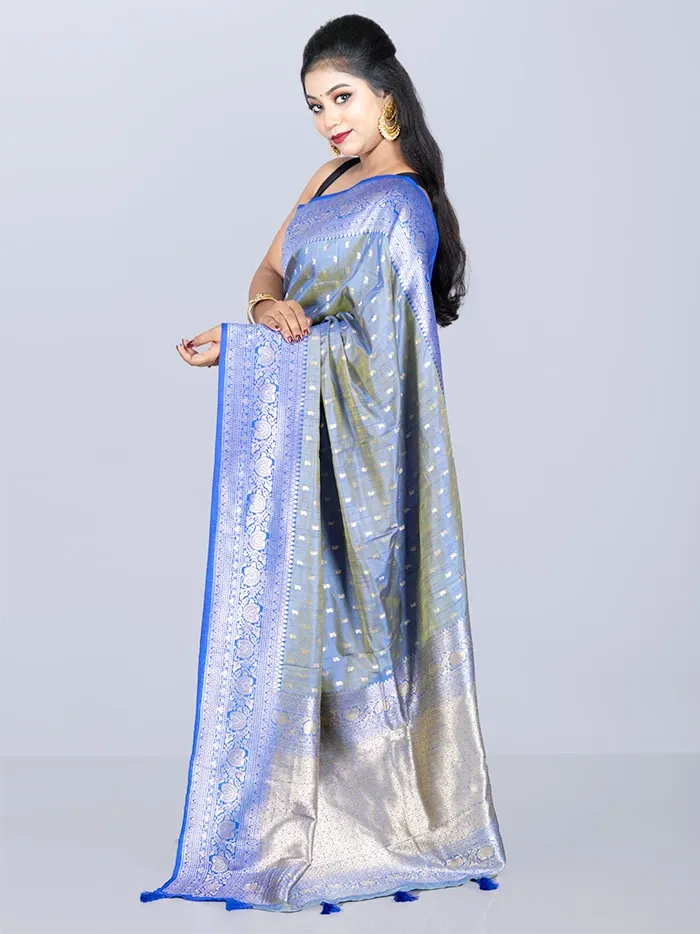 Elegant Allover Blue Green Dual Tone Katan Silk Saree