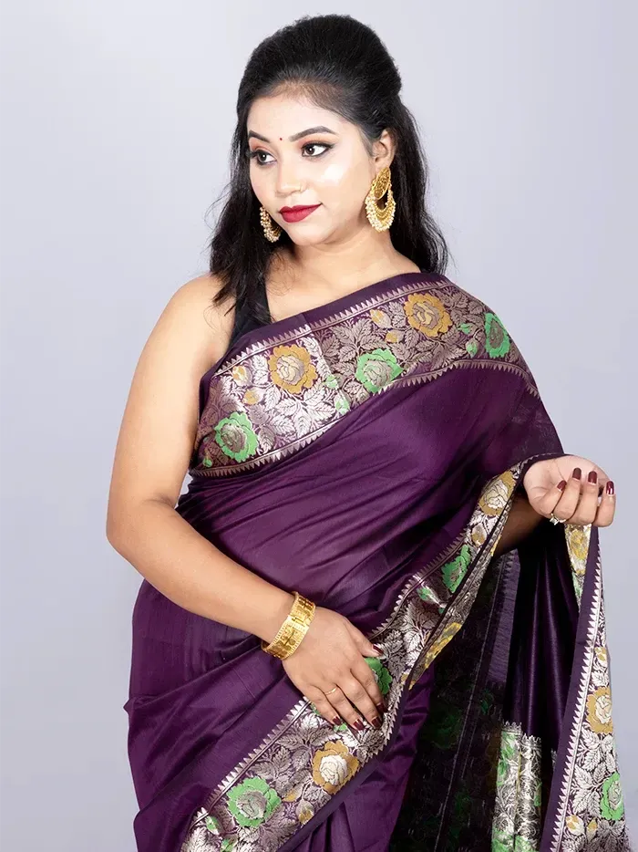 Elegant Par Anchal Purple Katan Silk Saree