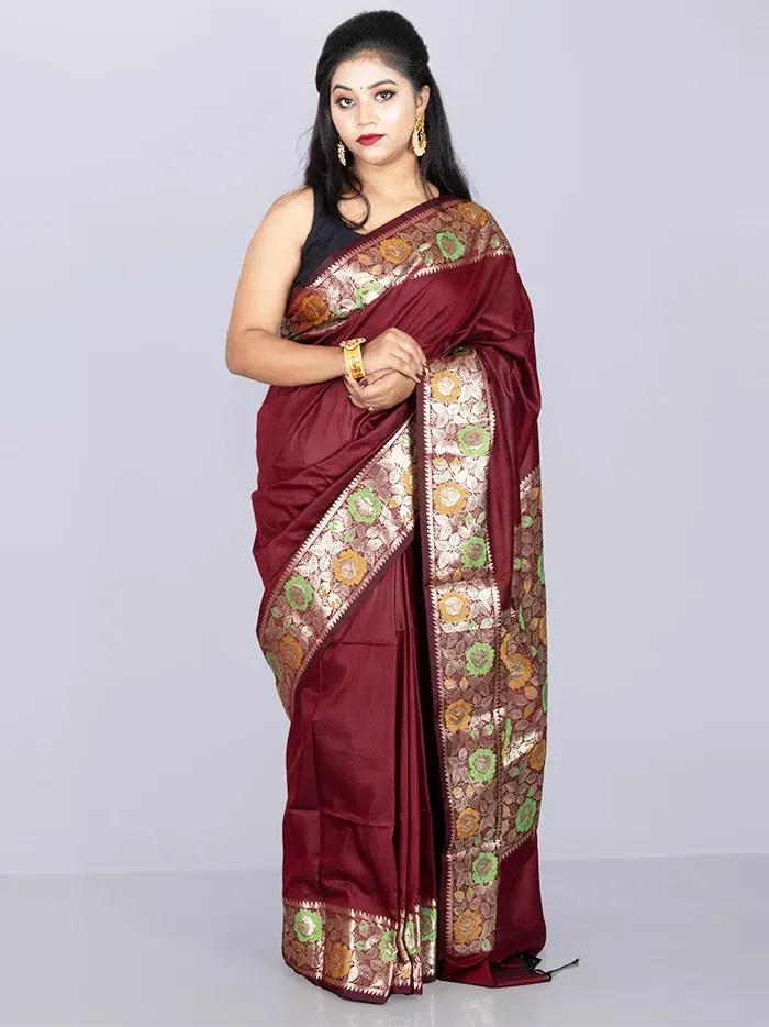 Elegant Par Anchal Maroon Katan Silk Saree