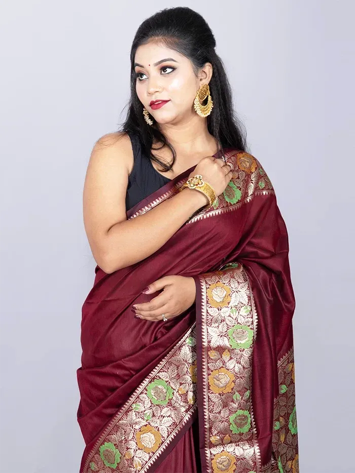 Elegant Par Anchal Maroon Katan Silk Saree