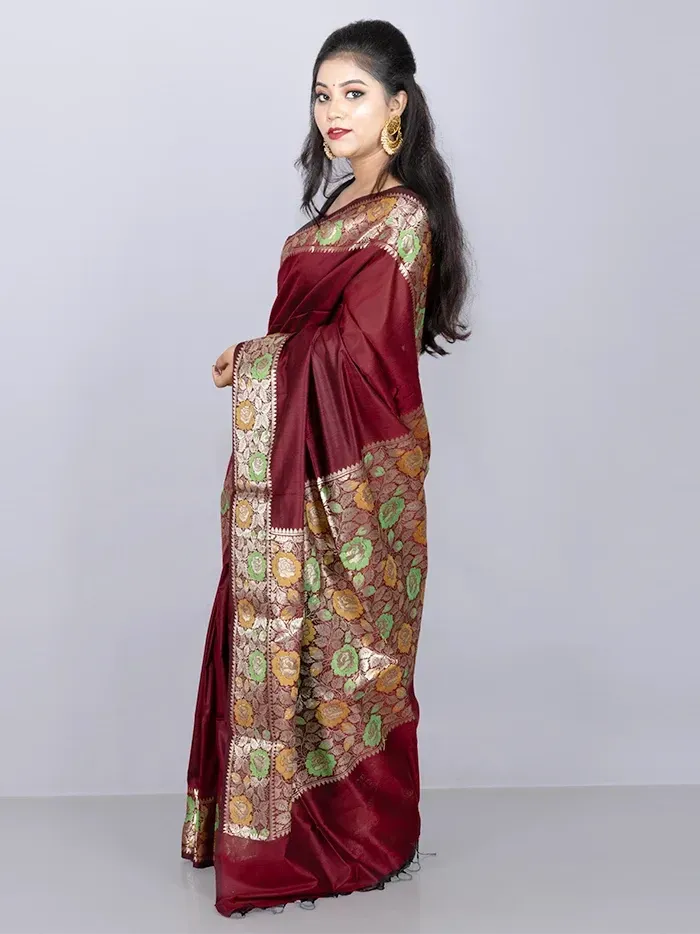 Elegant Par Anchal Maroon Katan Silk Saree