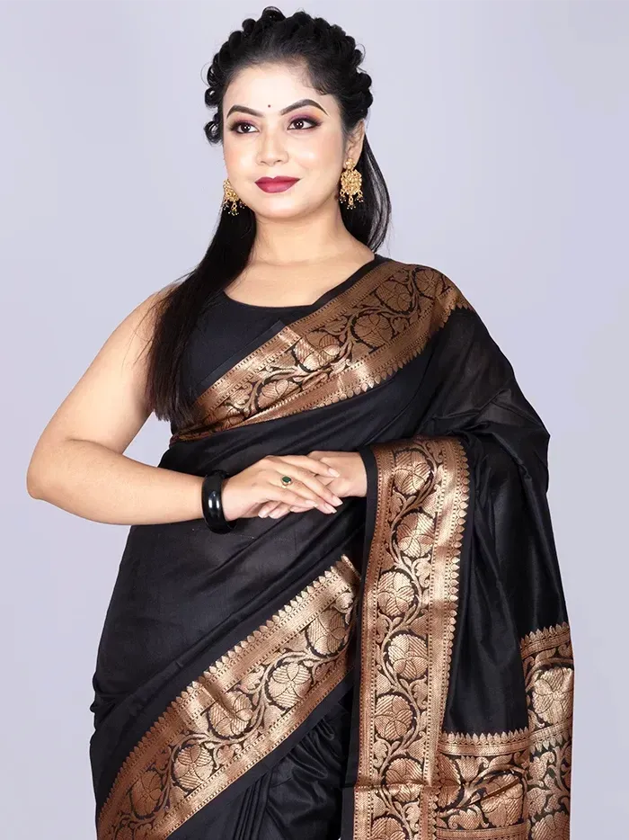 Elegant Par Anchal Black Katan Silk Saree