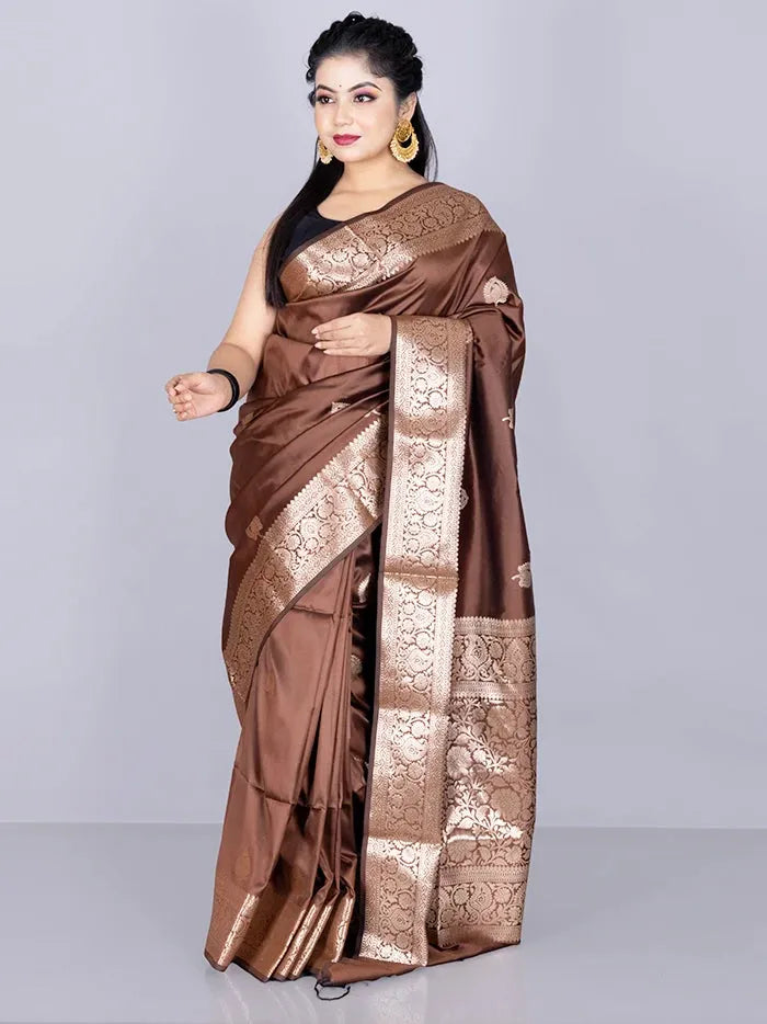 Elegant Par Anchal Buti Brown Katan Silk Saree