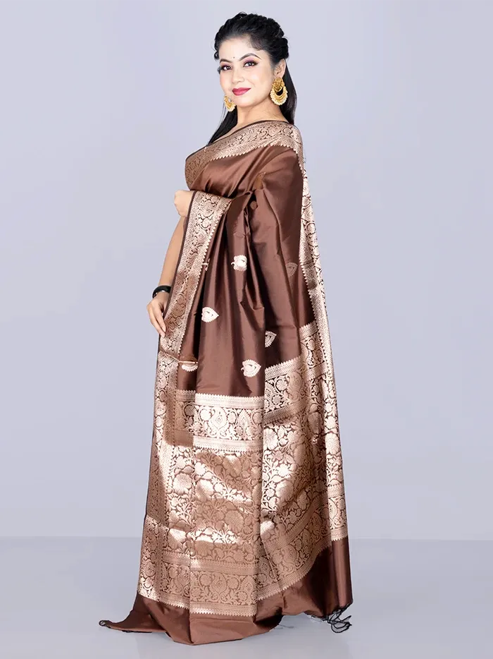 Elegant Par Anchal Buti Brown Katan Silk Saree