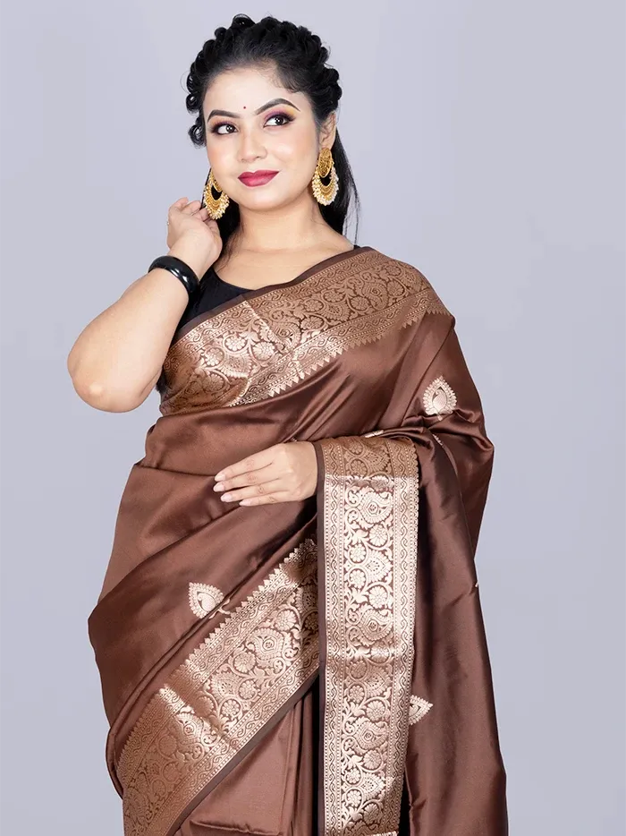 Elegant Par Anchal Buti Brown Katan Silk Saree