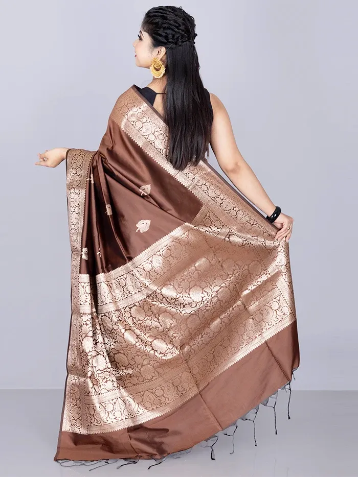 Elegant Par Anchal Buti Brown Katan Silk Saree