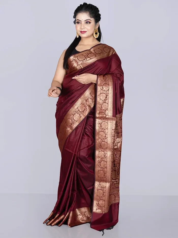 Elegant Par Anchal Maroon Katan Silk Saree