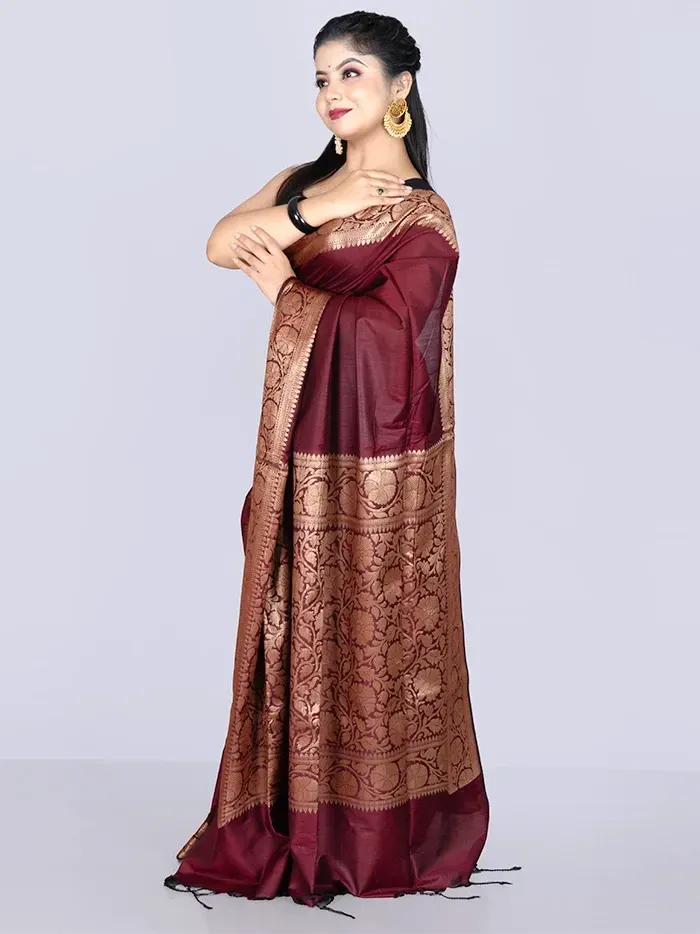 Elegant Par Anchal Maroon Katan Silk Saree