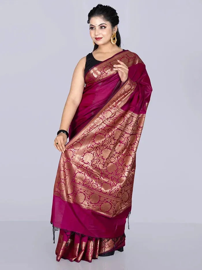 Elegant Par Anchal Magenta Black Katan Silk Saree