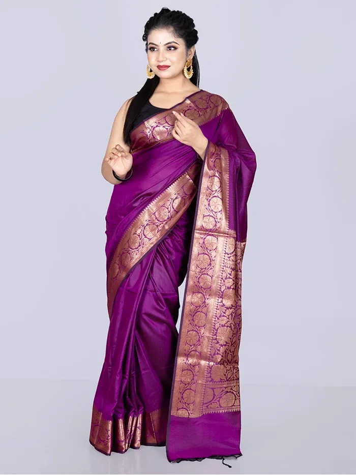 Elegant Par Anchal Purple Katan Silk Saree