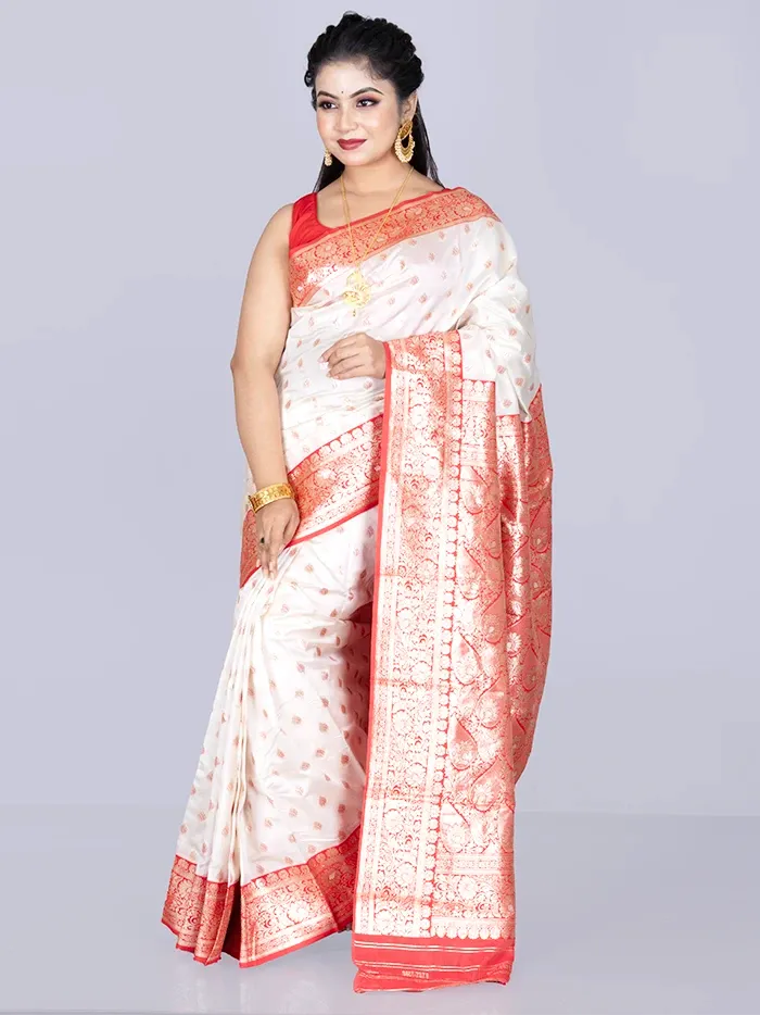 Elegant Par Anchal Buti White Katan Silk Saree