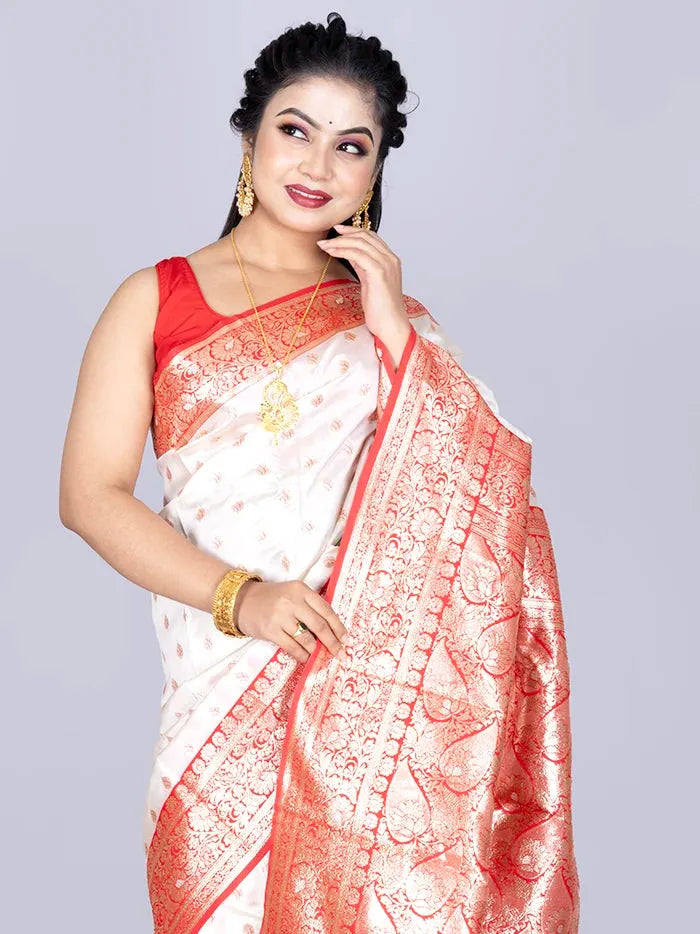 Elegant Par Anchal Buti White Katan Silk Saree